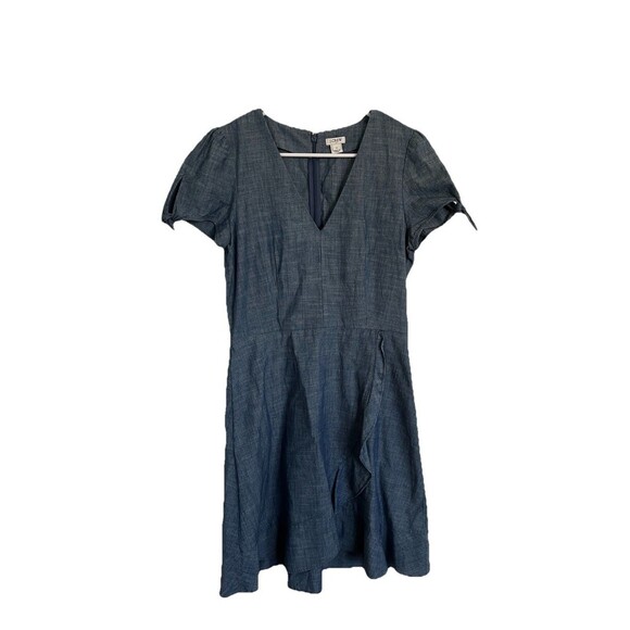 J. Crew Blue Chambray V Neck Ruffle Tie Sleeve Fit Flare Dress 4 Cap Sleeve - Picture 1 of 3